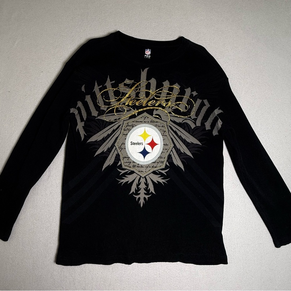 Pittsburg Steelers Shirt Adult L Waffle Knit Thermal NFL  Pro Line 2 Sided Logo